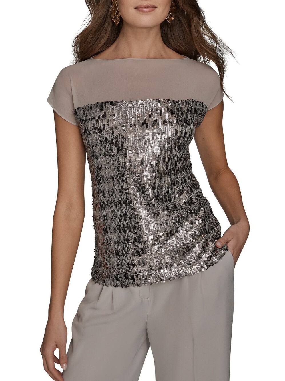 Donna Karen Sequin Front Cap Sleeve Top - Silver